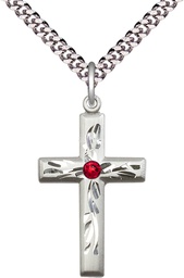 [5924SS-STN7/24S] Sterling Silver Cross Pendant with a 3mm Ruby Swarovski stone on a 24 inch Light Rhodium Heavy Curb chain