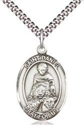 [7024SS/24S] Sterling Silver Saint Daniel Pendant on a 24 inch Light Rhodium Heavy Curb chain