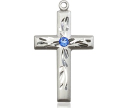 [5924SS-STN9] Sterling Silver Cross Medal with a 3mm Sapphire Swarovski stone