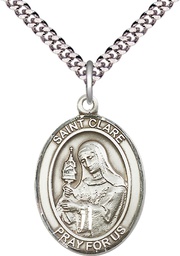 [7028SS/24S] Sterling Silver Saint Clare of Assisi Pendant on a 24 inch Light Rhodium Heavy Curb chain