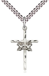 [5927SS/24S] Sterling Silver Doves Cross Pendant on a 24 inch Light Rhodium Heavy Curb chain