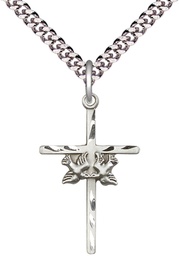 [5927SS/24S] Sterling Silver Doves Cross Pendant on a 24 inch Light Rhodium Heavy Curb chain
