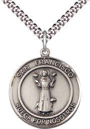 [7036RDSPSS/24S] Sterling Silver San Francis of Assisi Pendant on a 24 inch Light Rhodium Heavy Curb chain