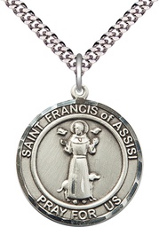 [7036RDSS/24S] Sterling Silver Saint Francis of Assisi Pendant on a 24 inch Light Rhodium Heavy Curb chain