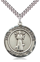 [7036RDSS/24S] Sterling Silver Saint Francis of Assisi Pendant on a 24 inch Light Rhodium Heavy Curb chain