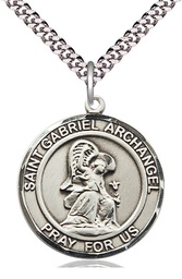 [7039RDSS/24S] Sterling Silver Saint Gabriel the Archangel Pendant on a 24 inch Light Rhodium Heavy Curb chain