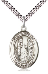 [7041SS/24S] Sterling Silver Saint Genevieve Pendant on a 24 inch Light Rhodium Heavy Curb chain