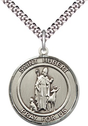 [7045RDSS/24S] Sterling Silver Saint Hubert of Liege Pendant on a 24 inch Light Rhodium Heavy Curb chain