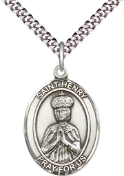 [7046SS/24S] Sterling Silver Saint Henry II Pendant on a 24 inch Light Rhodium Heavy Curb chain