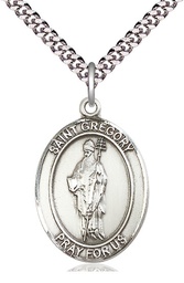 [7048SS/24S] Sterling Silver Saint Gregory the Great Pendant on a 24 inch Light Rhodium Heavy Curb chain