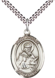 [7049SS/24S] Sterling Silver Saint Isidore of Seville Pendant on a 24 inch Light Rhodium Heavy Curb chain