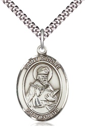 [7049SS/24S] Sterling Silver Saint Isidore of Seville Pendant on a 24 inch Light Rhodium Heavy Curb chain