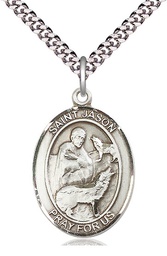 [7051SS/24S] Sterling Silver Saint Jason Pendant on a 24 inch Light Rhodium Heavy Curb chain