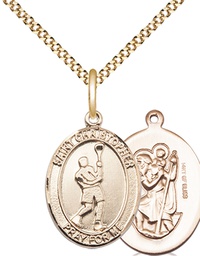 [8144GF/18G] 14kt Gold Filled Saint Christopher Lacrosse Pendant on a 18 inch Gold Plate Light Curb chain