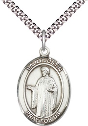 [7052SS/24S] Sterling Silver Saint Justin Pendant on a 24 inch Light Rhodium Heavy Curb chain