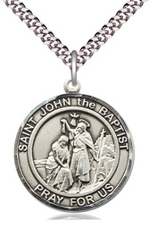 [7054RDSS/24S] Sterling Silver Saint John the Baptist Pendant on a 24 inch Light Rhodium Heavy Curb chain