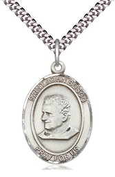 [7055SS/24S] Sterling Silver Saint John Bosco Pendant on a 24 inch Light Rhodium Heavy Curb chain