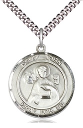 [7056RDSS/24S] Sterling Silver Saint John the Apostle Pendant on a 24 inch Light Rhodium Heavy Curb chain