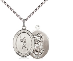[8150SS/18S] Sterling Silver Saint Christopher Baseball Pendant on a 18 inch Light Rhodium Light Curb chain