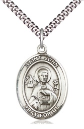 [7056SS/24S] Sterling Silver Saint John the Apostle Pendant on a 24 inch Light Rhodium Heavy Curb chain