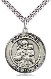 [7058RDSS/24S] Sterling Silver Saint Joseph Pendant on a 24 inch Light Rhodium Heavy Curb chain