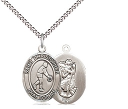 [8153SS/18S] Sterling Silver Saint Christopher Basketball Pendant on a 18 inch Light Rhodium Light Curb chain