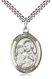 [7058SS/24S] Sterling Silver Saint Joseph Pendant on a 24 inch Light Rhodium Heavy Curb chain