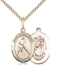 [8155GF/18G] 14kt Gold Filled Saint Christopher Ice Hockey Pendant on a 18 inch Gold Plate Light Curb chain