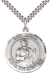 [7060RDSPSS/24S] Sterling Silver San Judas Pendant on a 24 inch Light Rhodium Heavy Curb chain