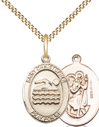 [8157GF/18G] 14kt Gold Filled Saint Christopher Swimming Pendant on a 18 inch Gold Plate Light Curb chain