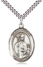 [7067SS/24S] Sterling Silver Saint Kilian Pendant on a 24 inch Light Rhodium Heavy Curb chain