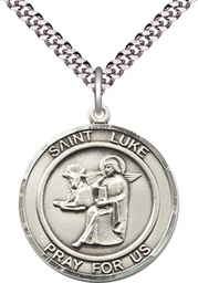 [7068RDSS/24S] Sterling Silver Saint Luke the Apostle Pendant on a 24 inch Light Rhodium Heavy Curb chain