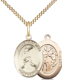 [8160GF/18G] 14kt Gold Filled Saint Sebastian Baseball Pendant on a 18 inch Gold Plate Light Curb chain