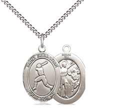 [8160SS/18S] Sterling Silver Saint Sebastian Baseball Pendant on a 18 inch Light Rhodium Light Curb chain