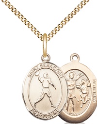 [8161GF/18G] 14kt Gold Filled Saint Sebastian Football Pendant on a 18 inch Gold Plate Light Curb chain