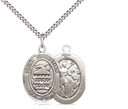 [8167SS/18S] Sterling Silver Saint Sebastian Swimming Pendant on a 18 inch Light Rhodium Light Curb chain