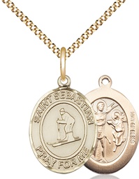 [8169GF/18G] 14kt Gold Filled Saint Sebastian Skiing Pendant on a 18 inch Gold Plate Light Curb chain