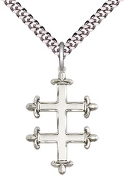 [5995SS/24S] Sterling Silver Cross of Lorraine Pendant on a 24 inch Light Rhodium Heavy Curb chain