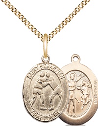 [8171GF/18G] 14kt Gold Filled Saint Sebastian Wrestling Pendant on a 18 inch Gold Plate Light Curb chain