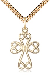 [5998GF/24G] 14kt Gold Filled Scroll Cross Pendant on a 24 inch Gold Plate Heavy Curb chain