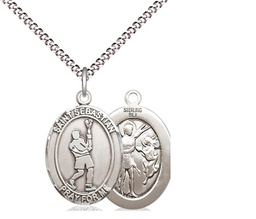 [8174SS/18S] Sterling Silver Saint Sebastian Lacrosse Pendant on a 18 inch Light Rhodium Light Curb chain