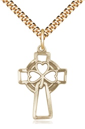 [5999GF/24G] 14kt Gold Filled Shamrock Cross Pendant on a 24 inch Gold Plate Heavy Curb chain