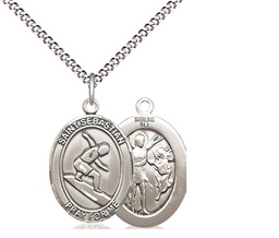 [8175SS/18S] Sterling Silver Saint Sebastian Surfing Pendant on a 18 inch Light Rhodium Light Curb chain