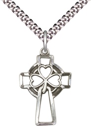 [5999SS/24S] Sterling Silver Shamrock Cross Pendant on a 24 inch Light Rhodium Heavy Curb chain