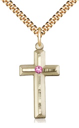 [6000GF-STN10/24G] 14kt Gold Filled Cross Pendant with a 3mm Rose Swarovski stone on a 24 inch Gold Plate Heavy Curb chain