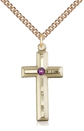 [6000GF-STN2/24GF] 14kt Gold Filled Cross Pendant with a 3mm Amethyst Swarovski stone on a 24 inch Gold Filled Heavy Curb chain