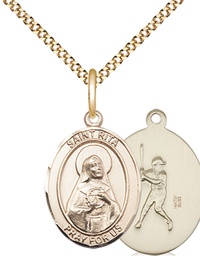 [8181GF/18G] 14kt Gold Filled Saint Rita Baseball Pendant on a 18 inch Gold Plate Light Curb chain