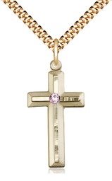 [6000GF-STN6/24G] 14kt Gold Filled Cross Pendant with a 3mm Light Amethyst Swarovski stone on a 24 inch Gold Plate Heavy Curb chain