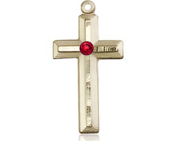 [6000GF-STN7] 14kt Gold Filled Cross Medal with a 3mm Ruby Swarovski stone