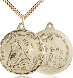 [0201RGF/24G] 14kt Gold Filled Saint Michael Guardian Angel Pendant on a 24 inch Gold Plate Heavy Curb chain